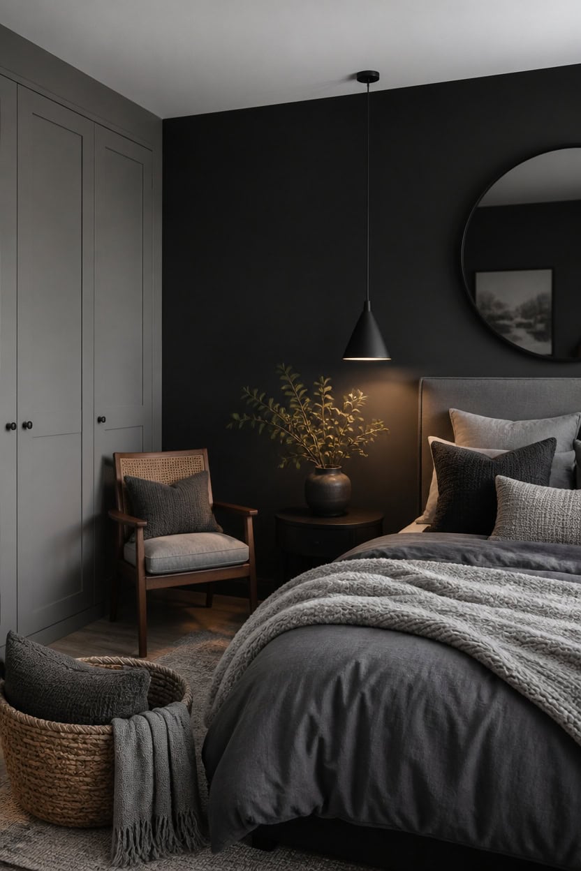 Cozy bedroom with dark accent wall, round mirror, and soft bedding.