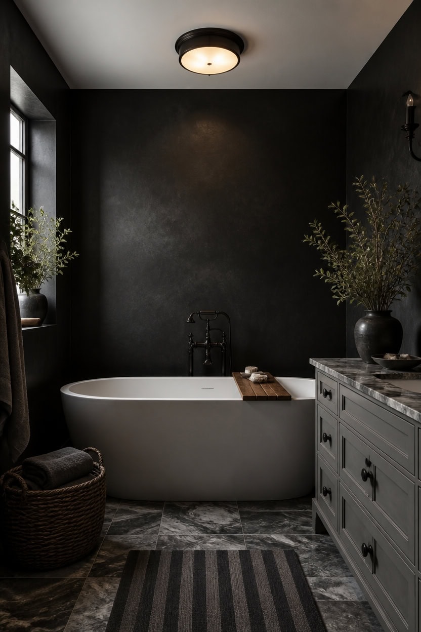 Elegant bathroom with black walls, white bathtub, and natural light from window.