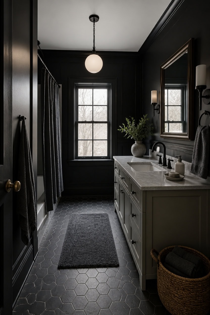 Stylish bathroom featuring dark walls, a white vanity, and modern lighting fixtures.