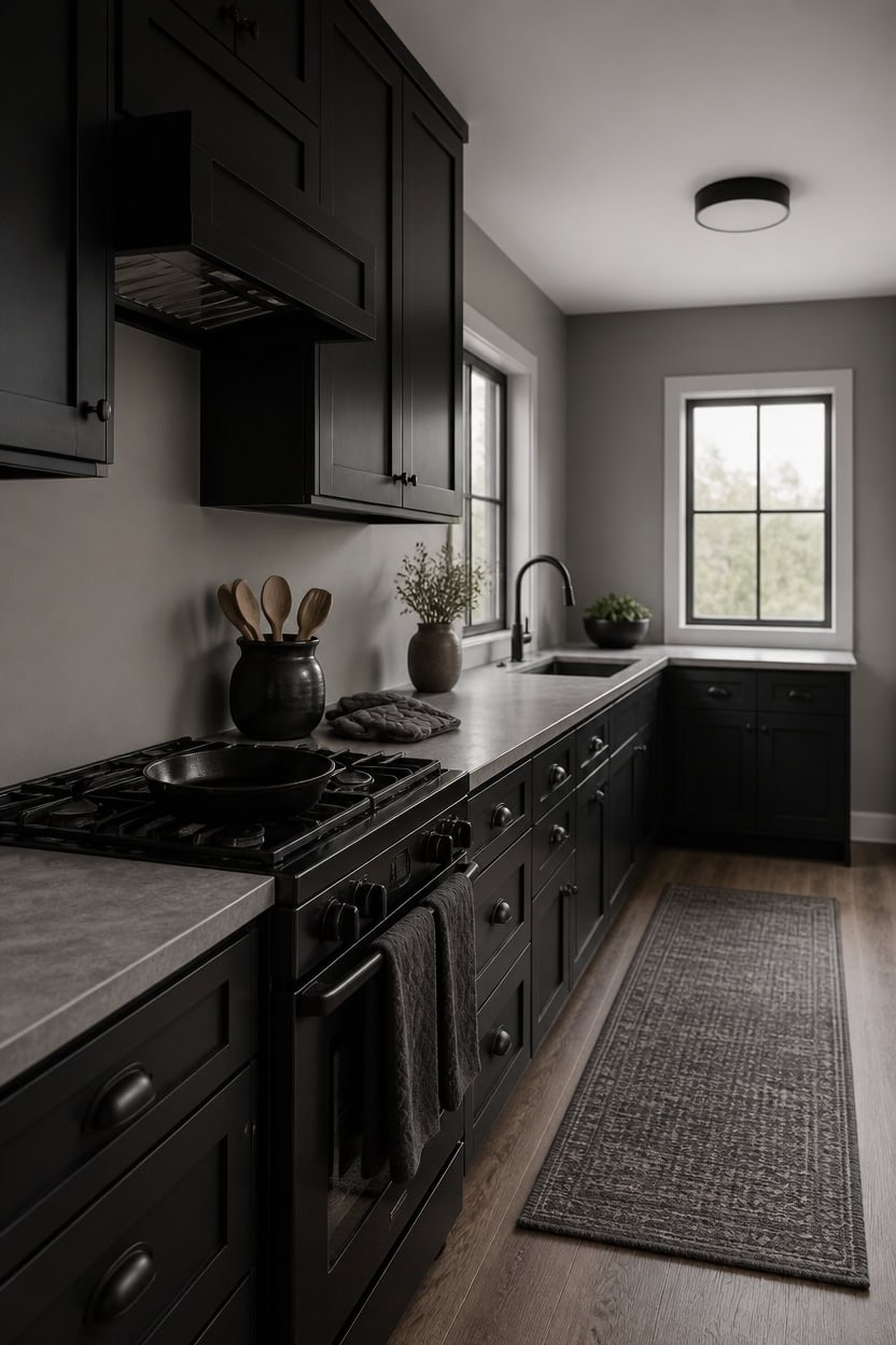 Contemporary black kitchen with natural light, gray countertops, and wooden flooring.
