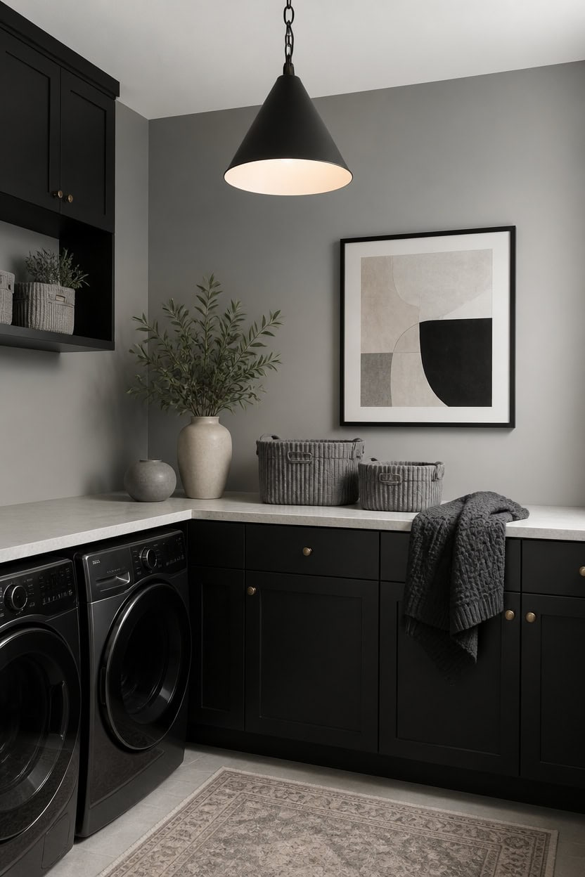 Contemporary laundry room with black cabinets, abstract art, and decorative plants.