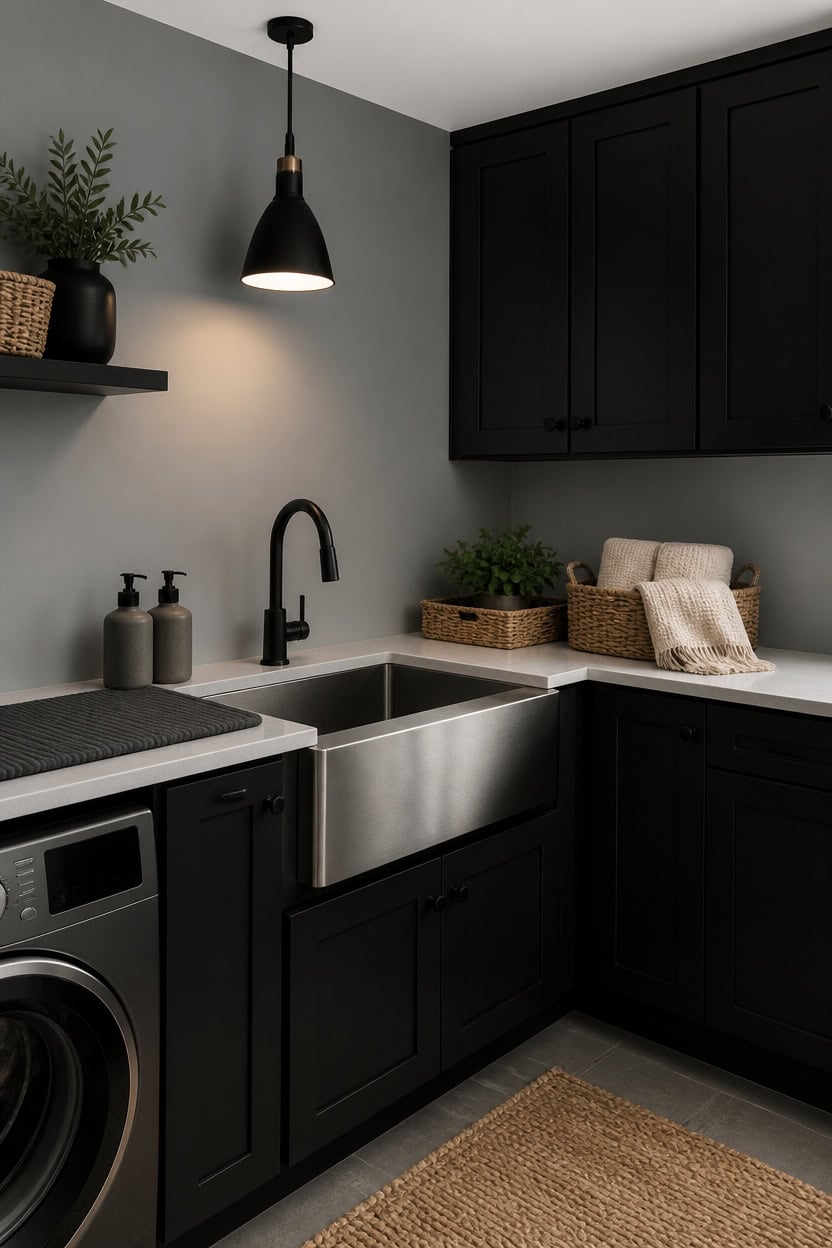 black and gray laundry nook