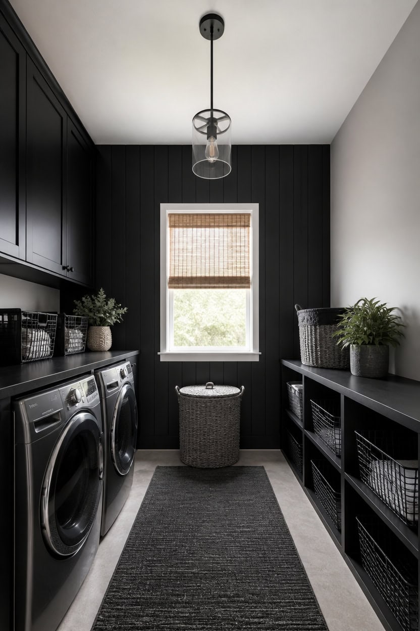 Contemporary laundry room with black cabinets, washer and dryer, and a window with natural light.