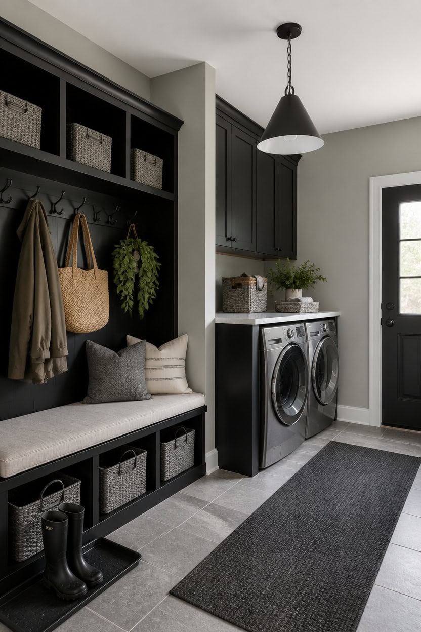 Contemporary laundry room with black cabinetry, washer and dryer, and organized storage.