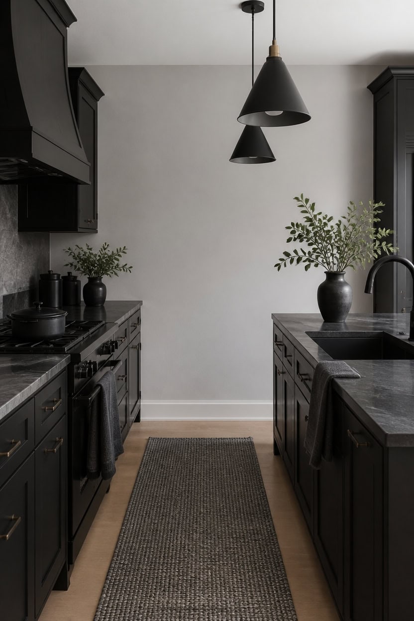 Contemporary black kitchen with pendant lighting, black cabinets, and greenery accents.