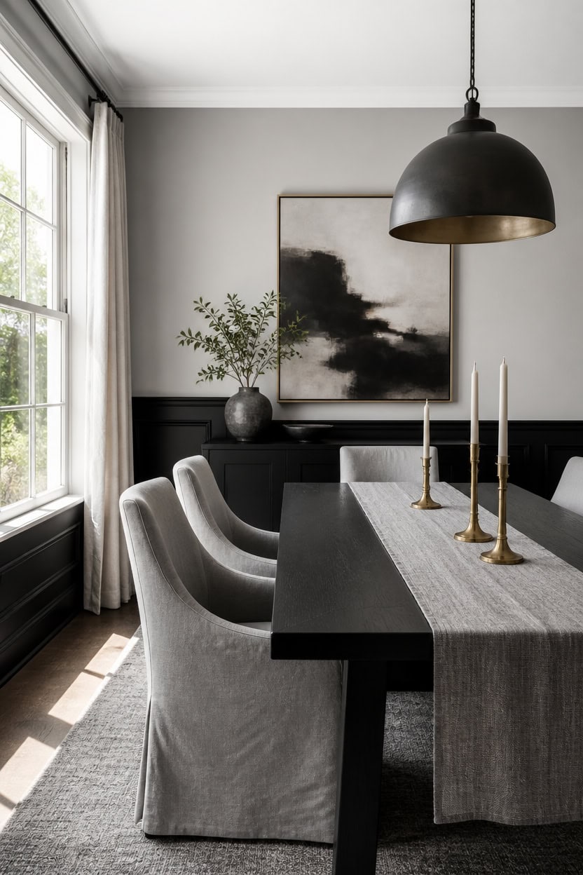 Contemporary dining room with black table, gray chairs, and abstract wall art.