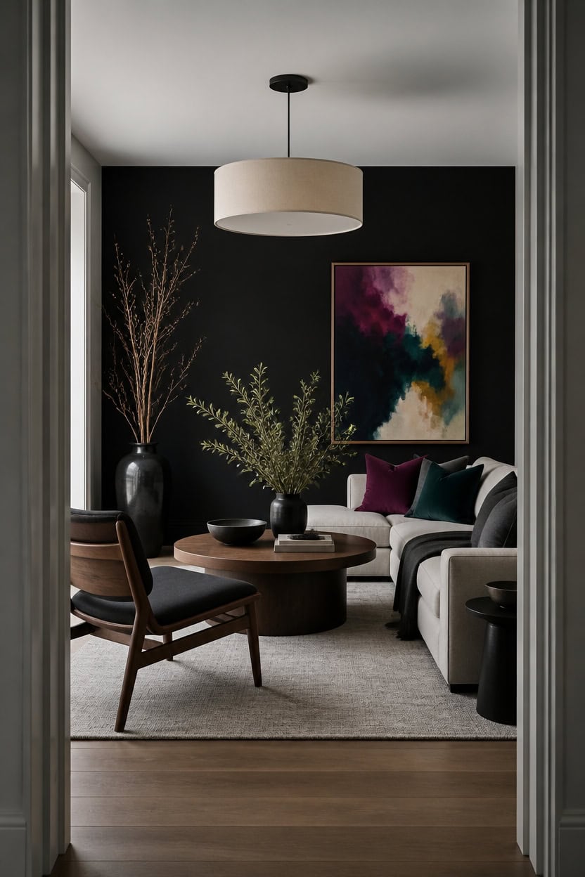 Stylish living room with black accent wall, abstract art, and cozy furniture.