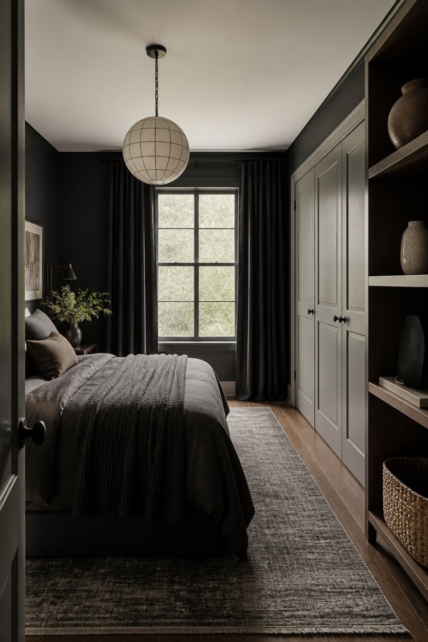 Elegant bedroom with dark walls, large window, and built-in shelves for a modern look.