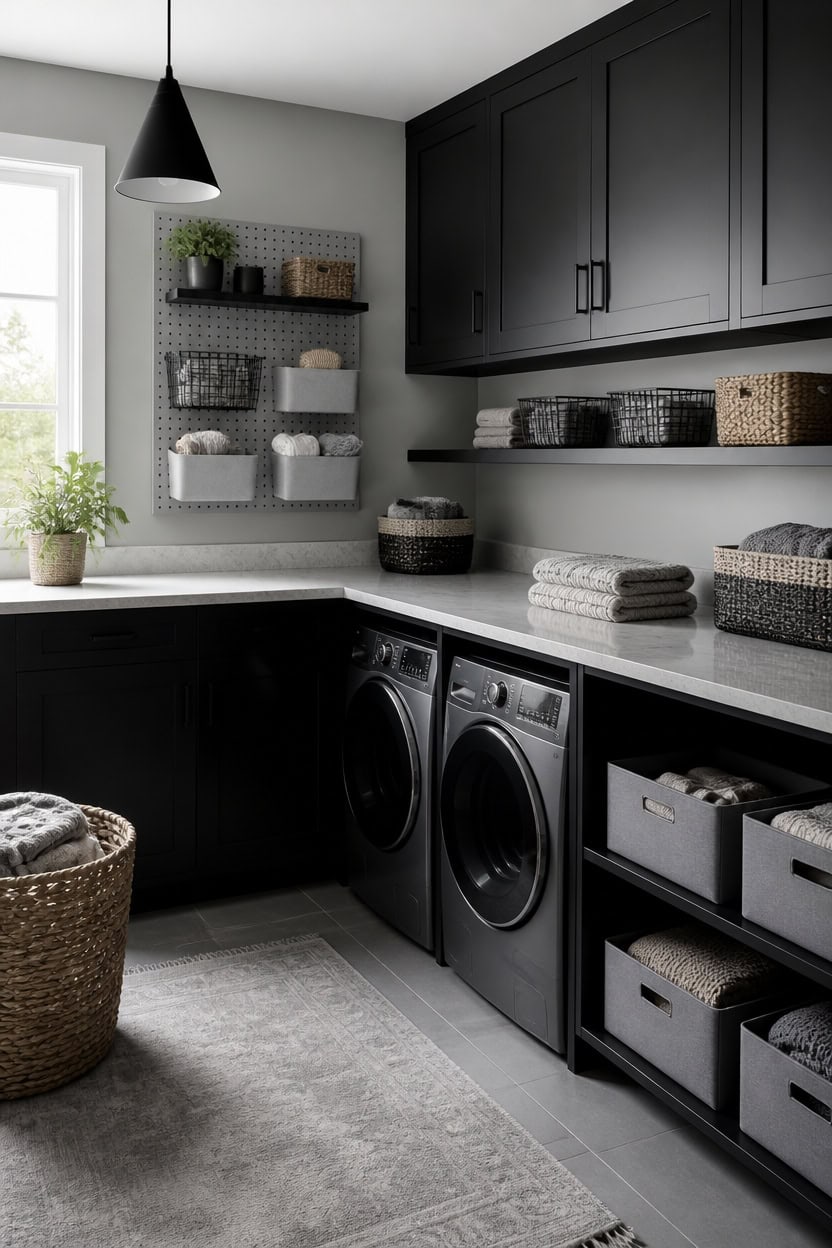 black cabinets gray walls