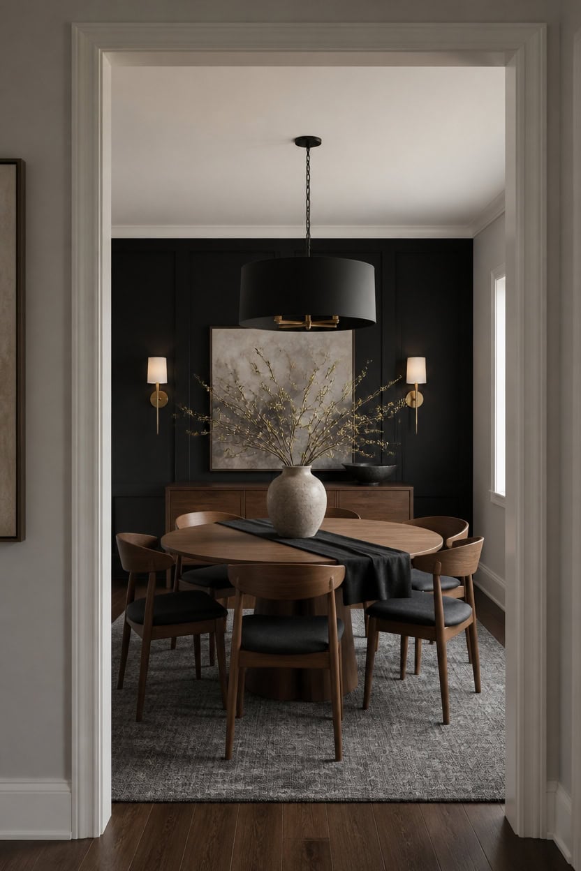 Stylish dining room with black accent wall, wooden table, and modern lighting.