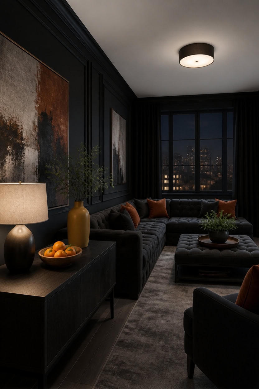 Stylish living room with dark walls, modern art, and cityscape at night.
