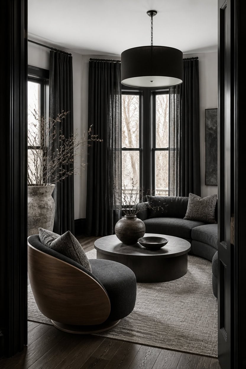 Stylish living room with dark curtains, modern furniture, and large windows.