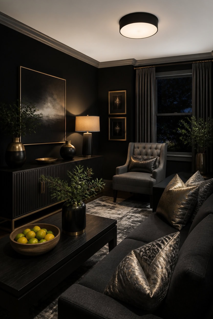 Stylish living room with dark walls, modern decor, and cozy seating.