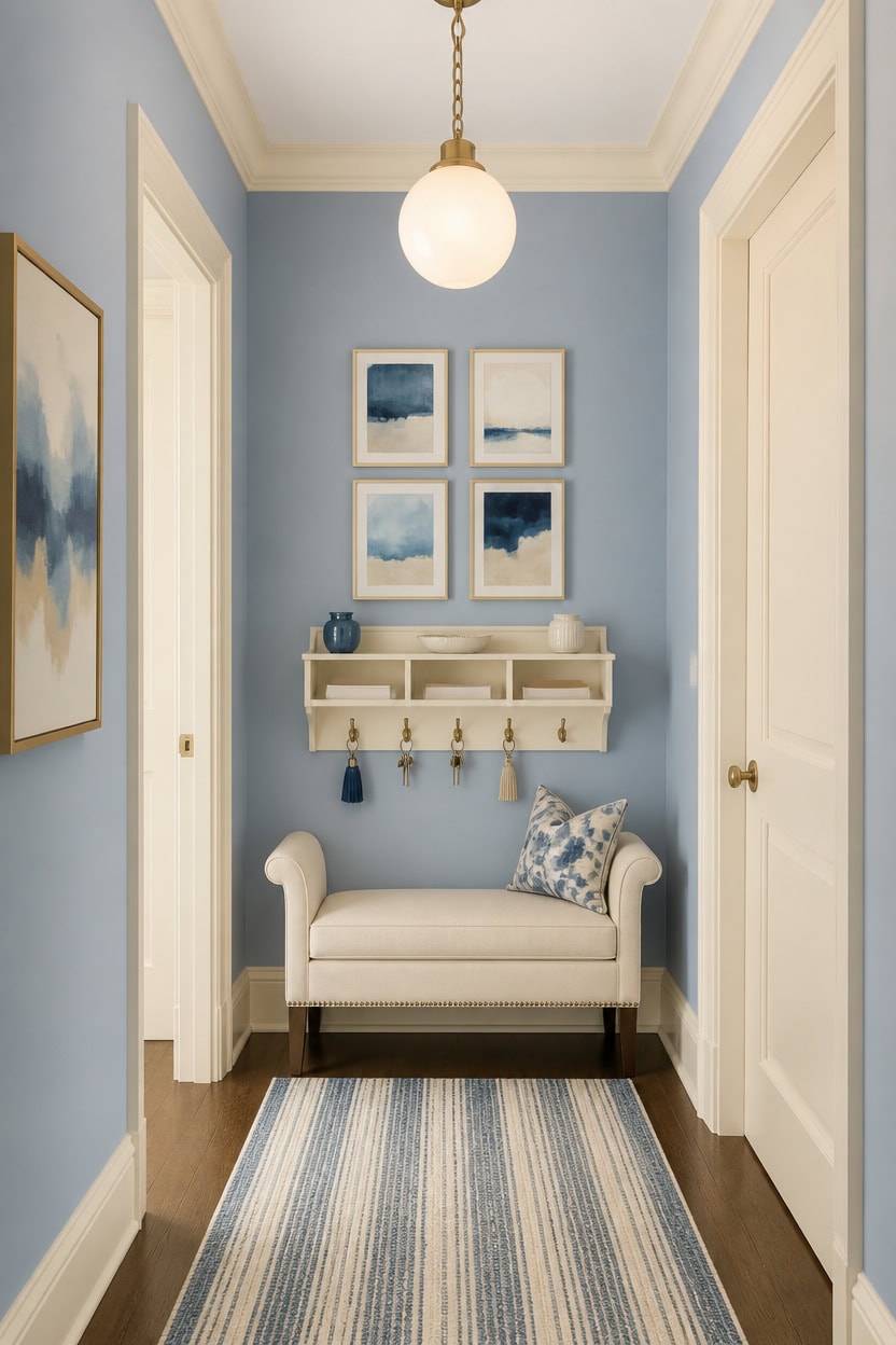Cozy entryway with blue walls, artwork, and a white bench at Apartment ABC.