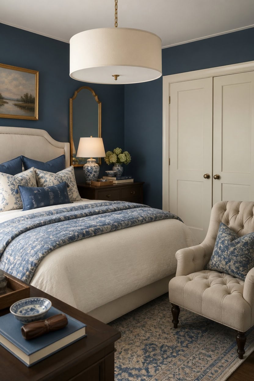 Cozy bedroom featuring a cream upholstered bed and blue accents.