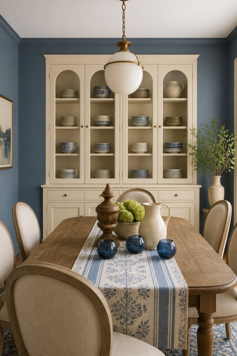 Charming dining room with a wooden table, cream chairs, and a blue and cream china cabinet.