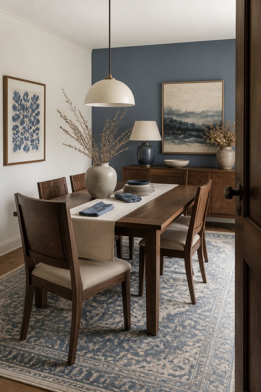 blue and cream dining vignette
