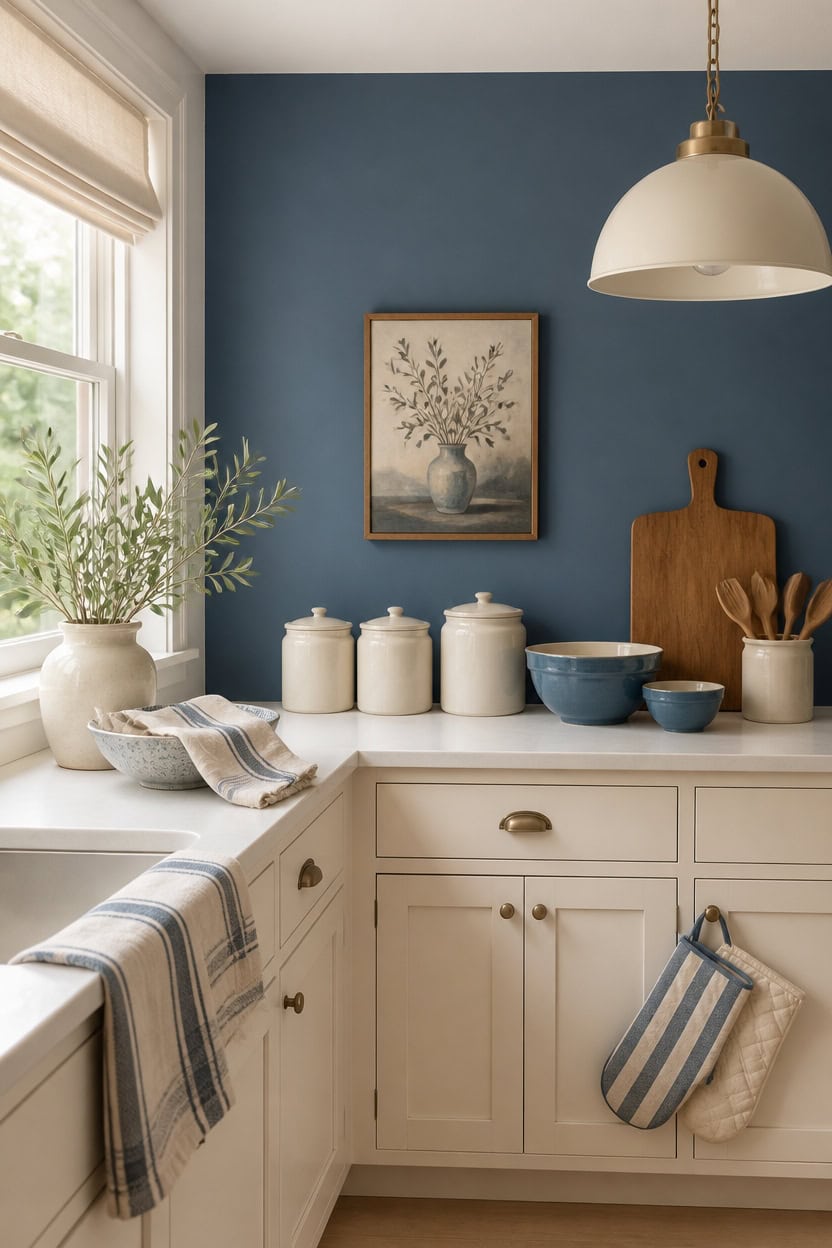 blue and cream kitchen vignette