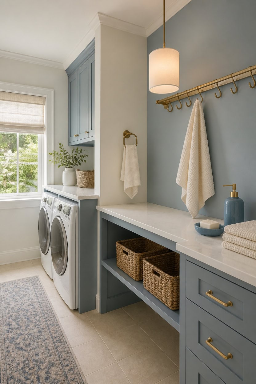 blue and cream laundry vignette