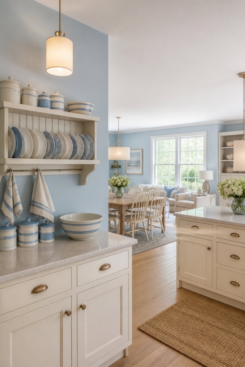 Bright kitchen and dining space with blue walls and white furniture.