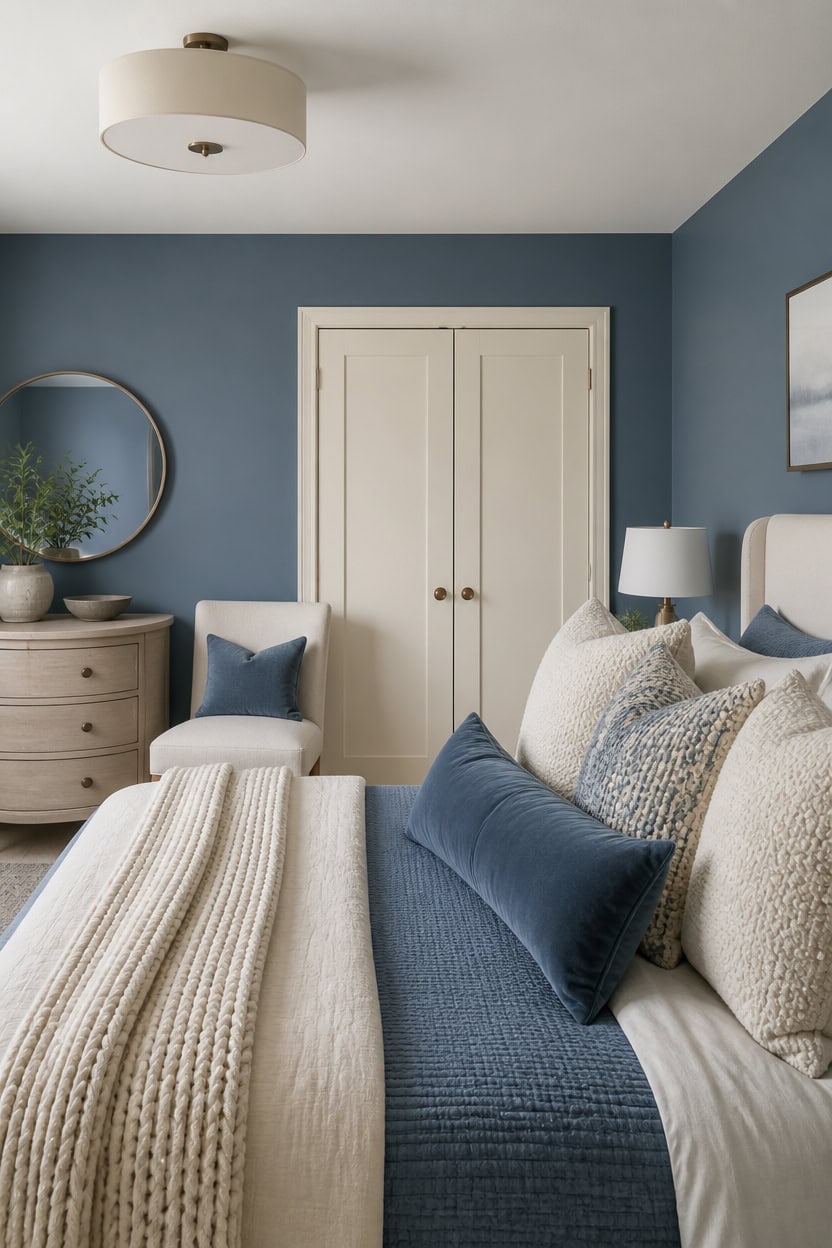 Elegant bedroom with blue walls, white furniture, and plush pillows.