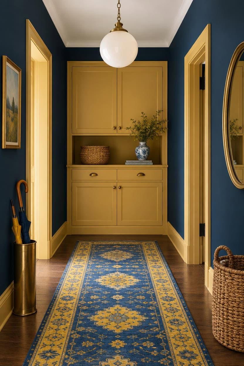 Stylish hallway with blue walls, gold trim, and a patterned runner rug.
