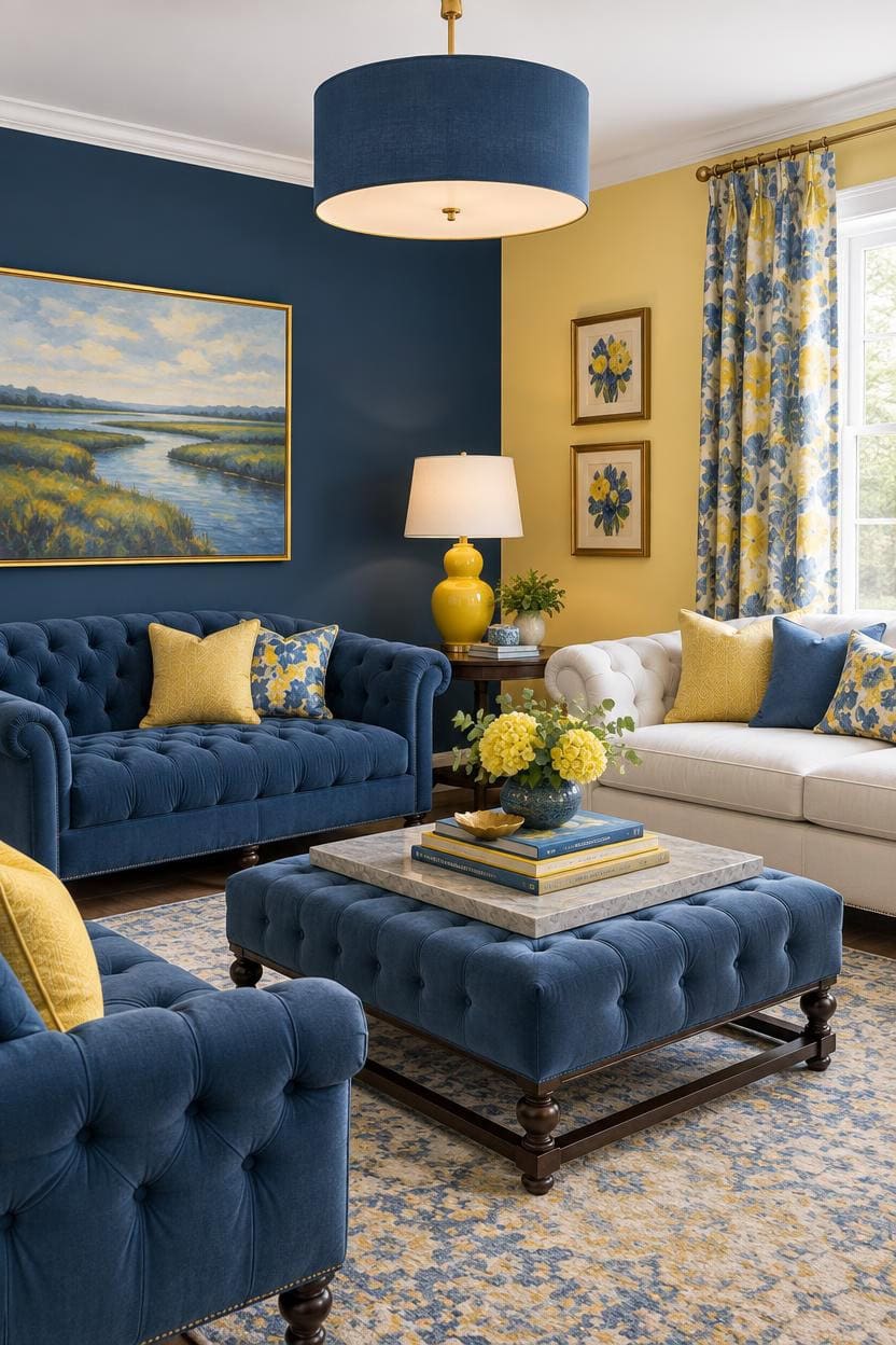 blue and yellow balanced curtains
