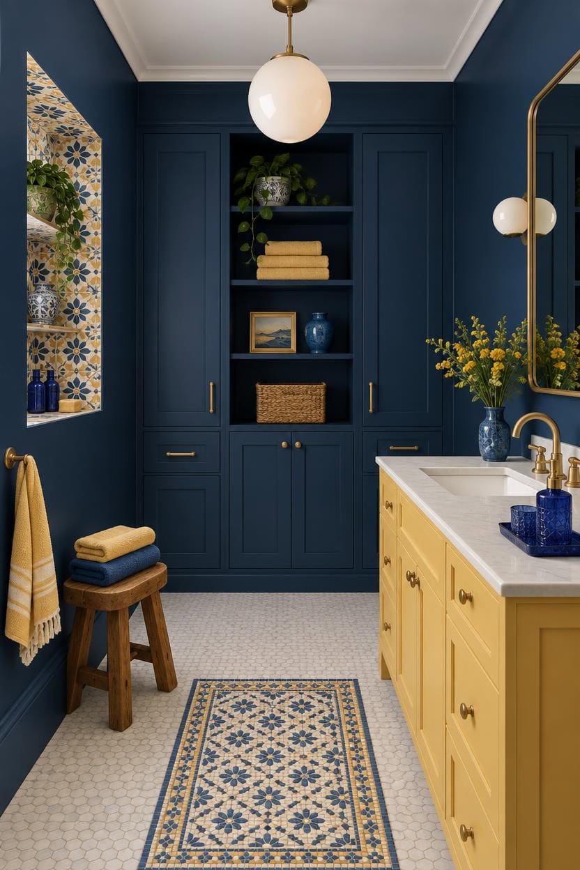 Stylish bathroom with navy blue cabinets, yellow vanity, and decorative accents.