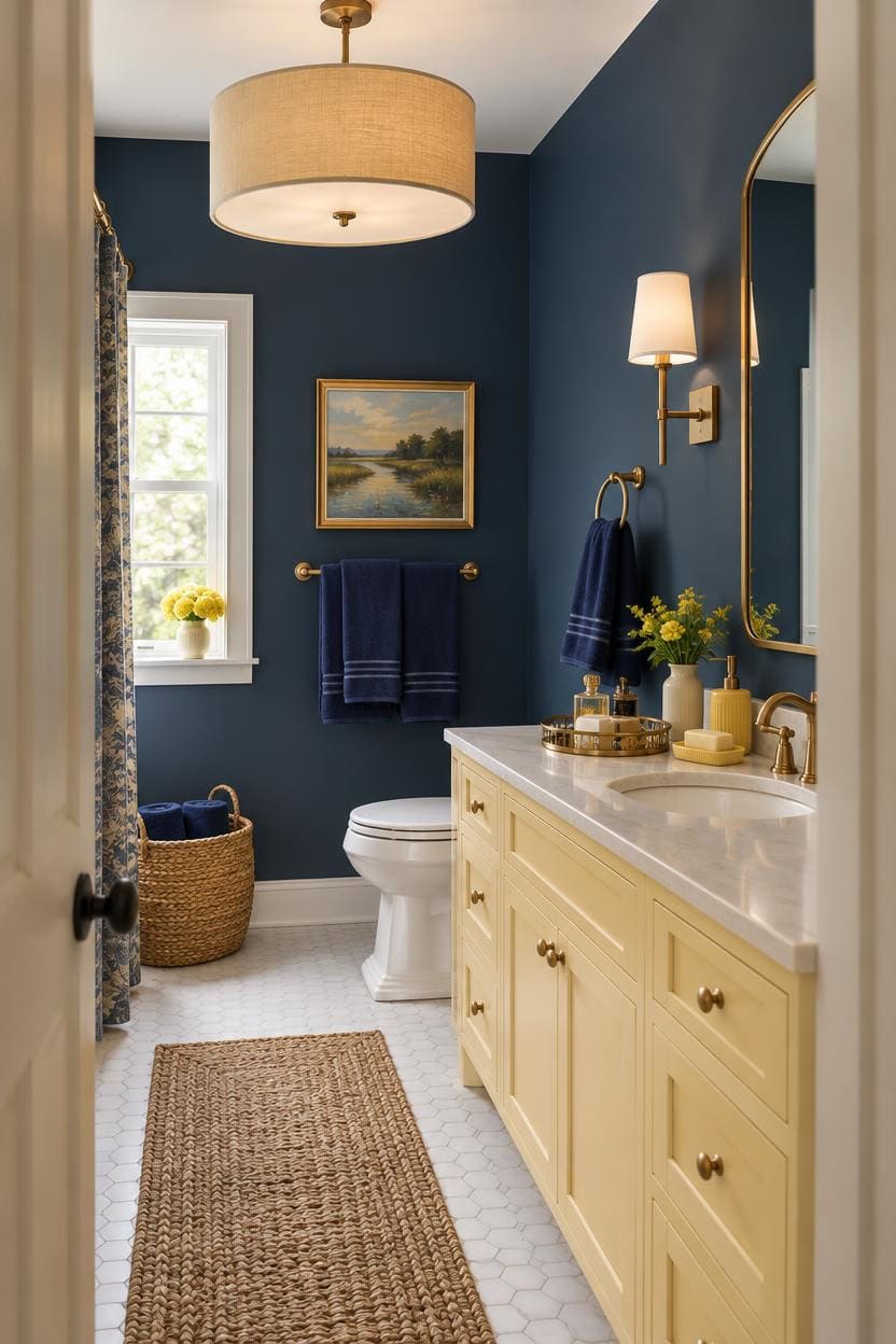 blue and yellow bathroom harmony