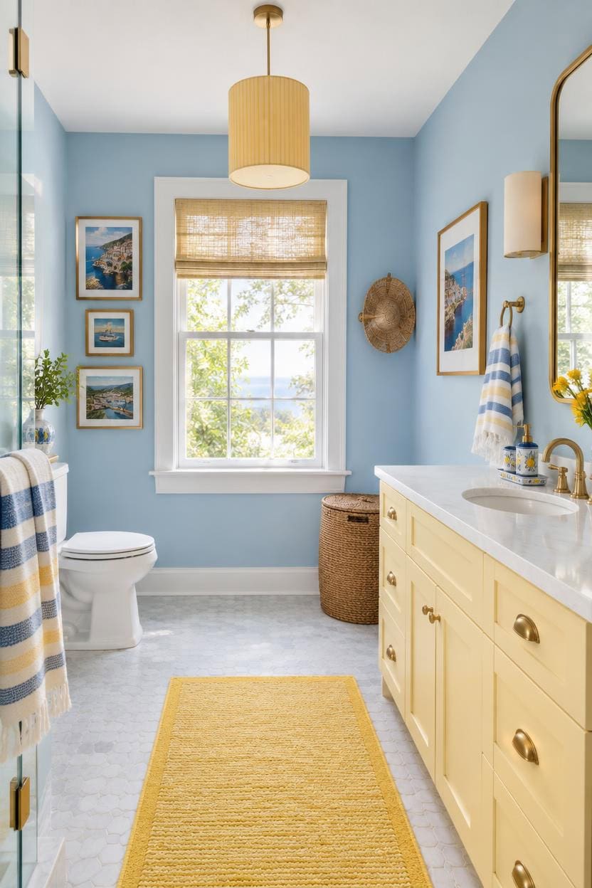 Bright bathroom with blue walls, yellow vanity, and natural light from window.