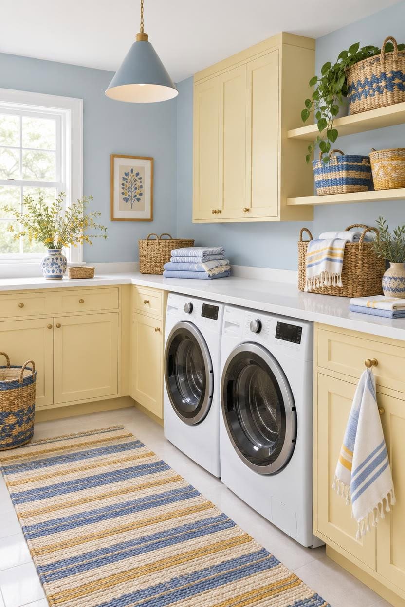 Sunny laundry room with washer, yellow cabinets, and decorative baskets.