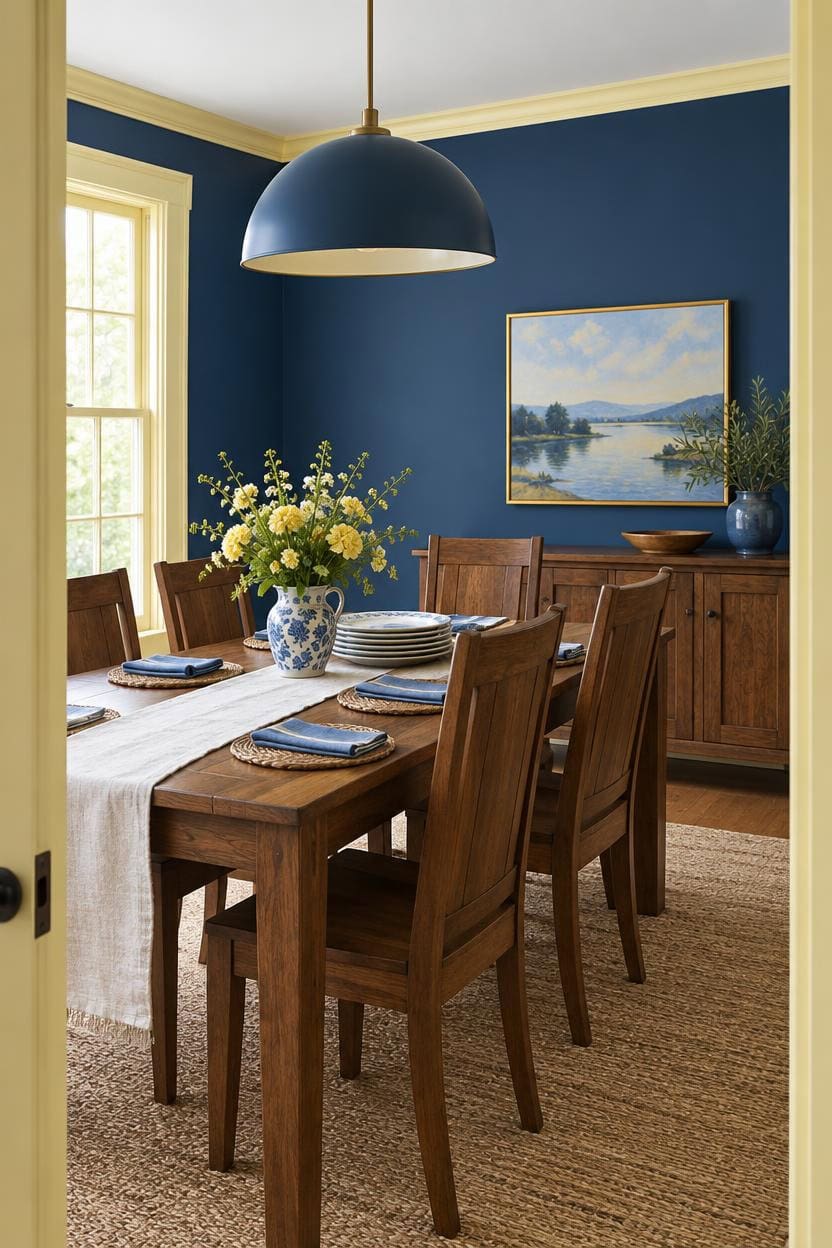 Stylish dining room with wooden table, blue walls, and natural light.
