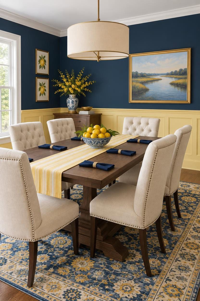 Stylish dining room with beige chairs, blue walls, and a large painting.