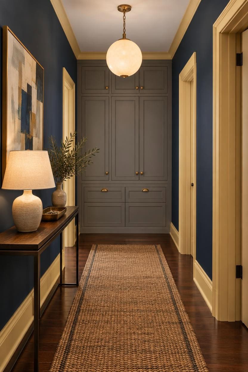 Stylish apartment hallway with blue walls, wooden flooring, and modern decor.