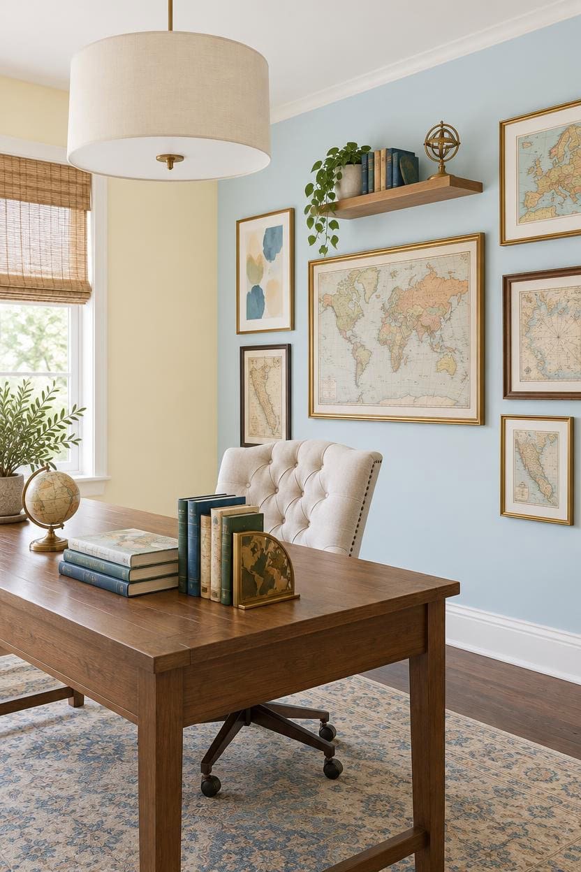 Cozy home office with world maps, wooden desk, and comfortable chair.