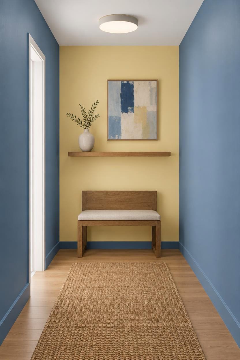 blue and yellow minimalist hallway