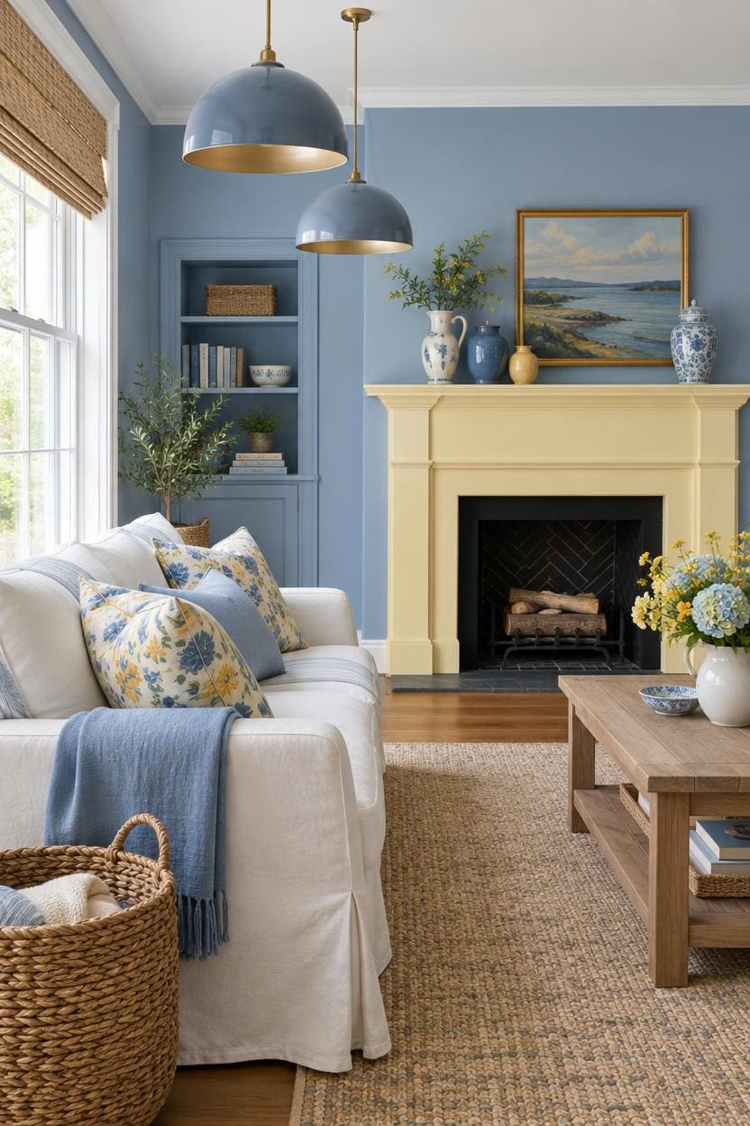 Bright living room with blue walls, cream fireplace, and cozy sofa with patterned cushions.