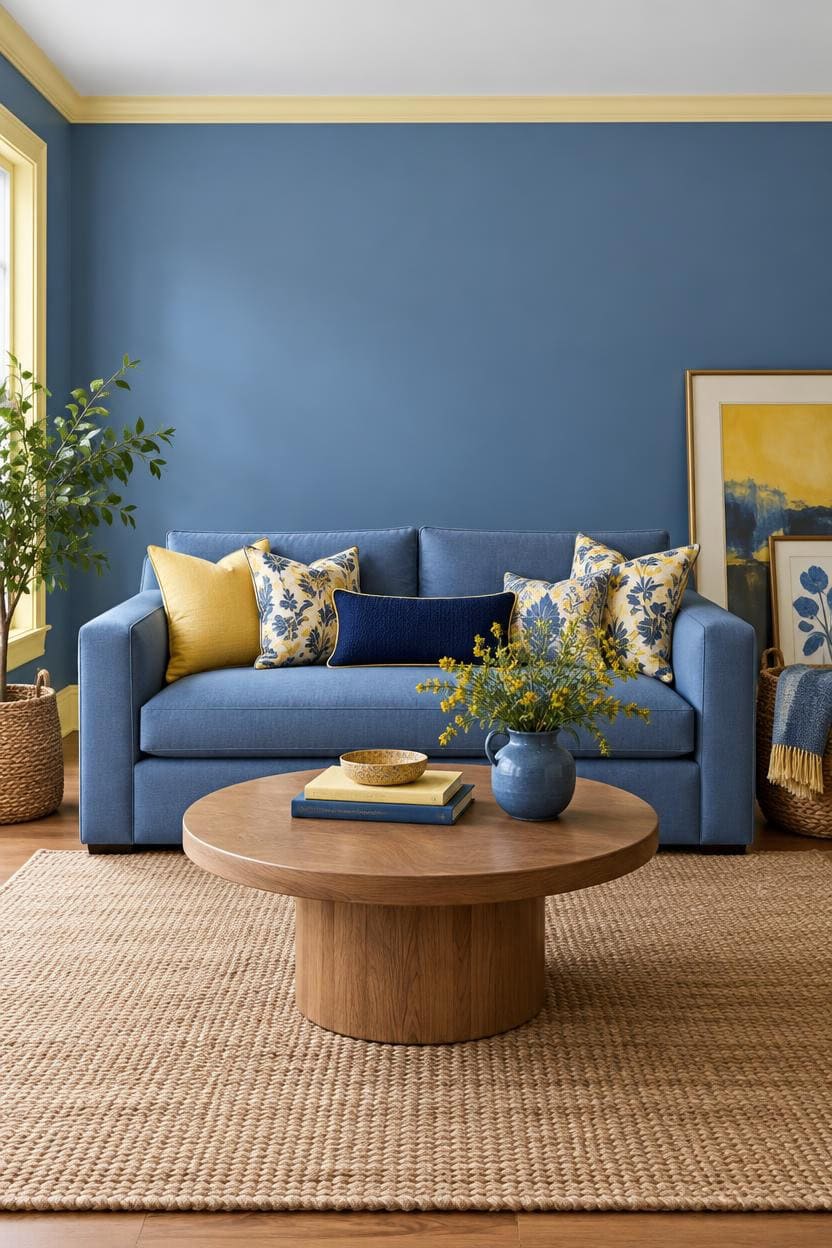blue and yellow sofa styling