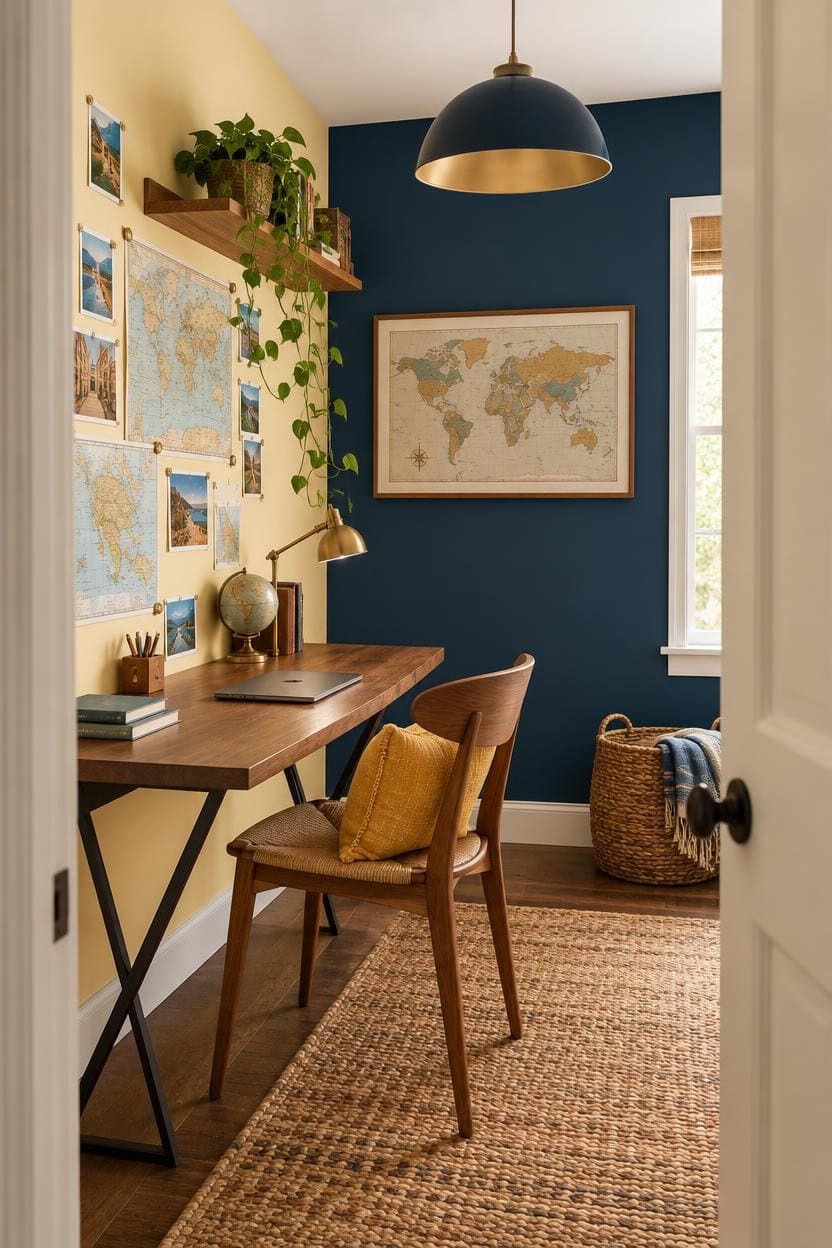 blue and yellow traveler workspace