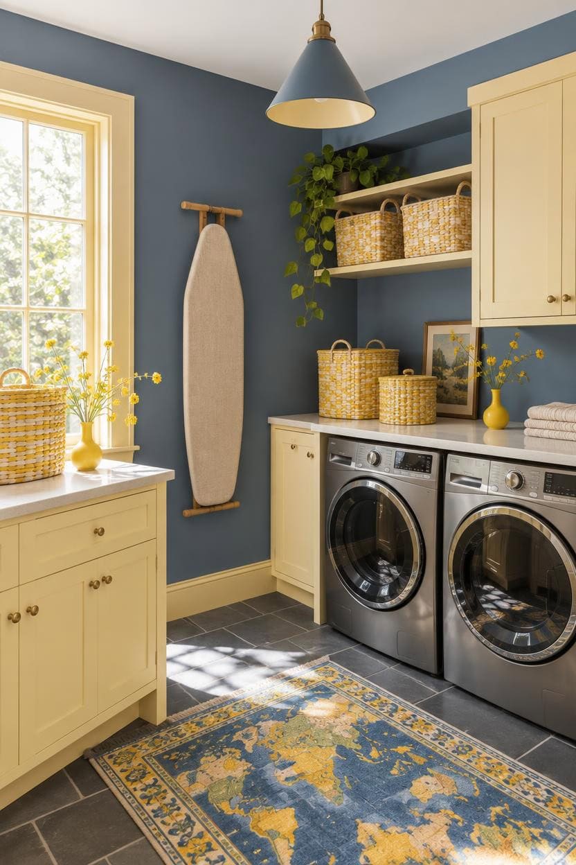 Bright laundry room with yellow cabinets, blue walls, and modern washer and dryer.