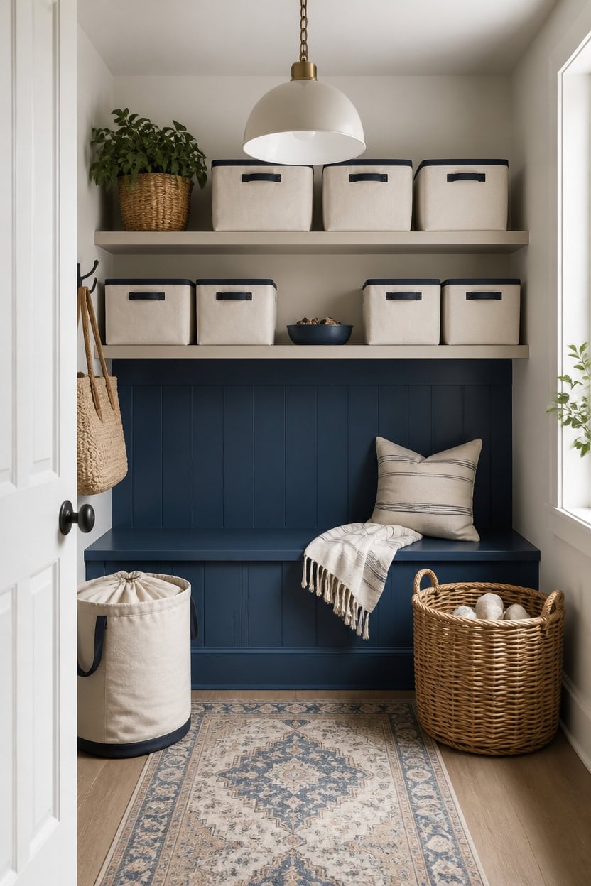 Organized entryway with storage baskets, bench, and decorative accents.