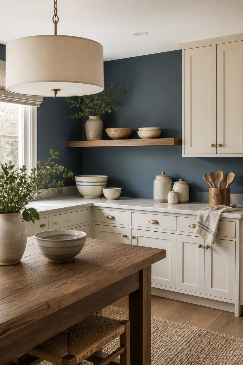 Bright kitchen with white cabinets, blue wall, and wooden accents.