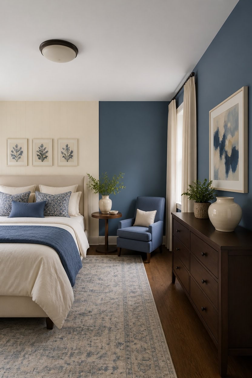 Cozy bedroom with blue walls, artwork, and elegant furniture.