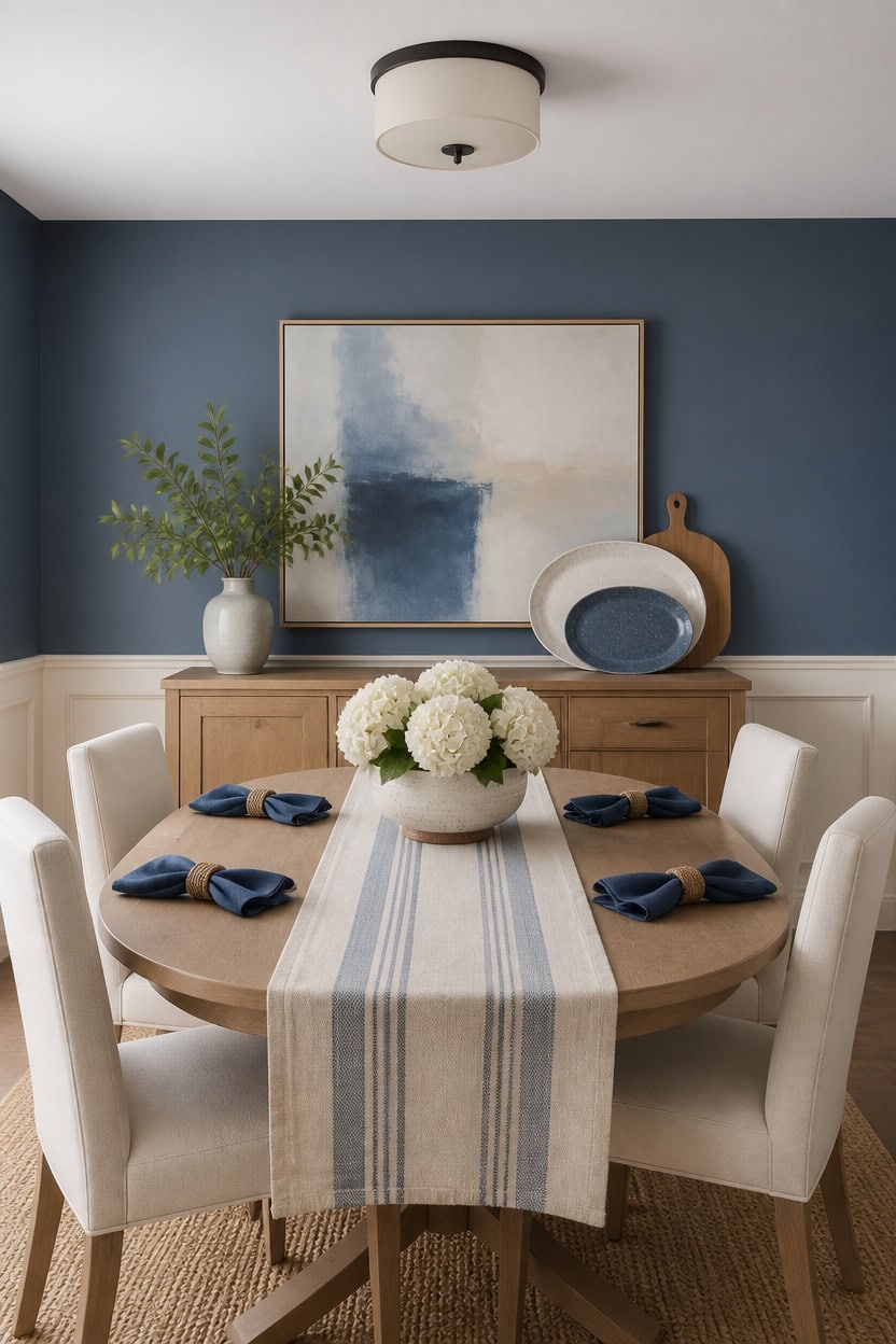 Dining table set with white chairs, blue napkins, and floral centerpiece.