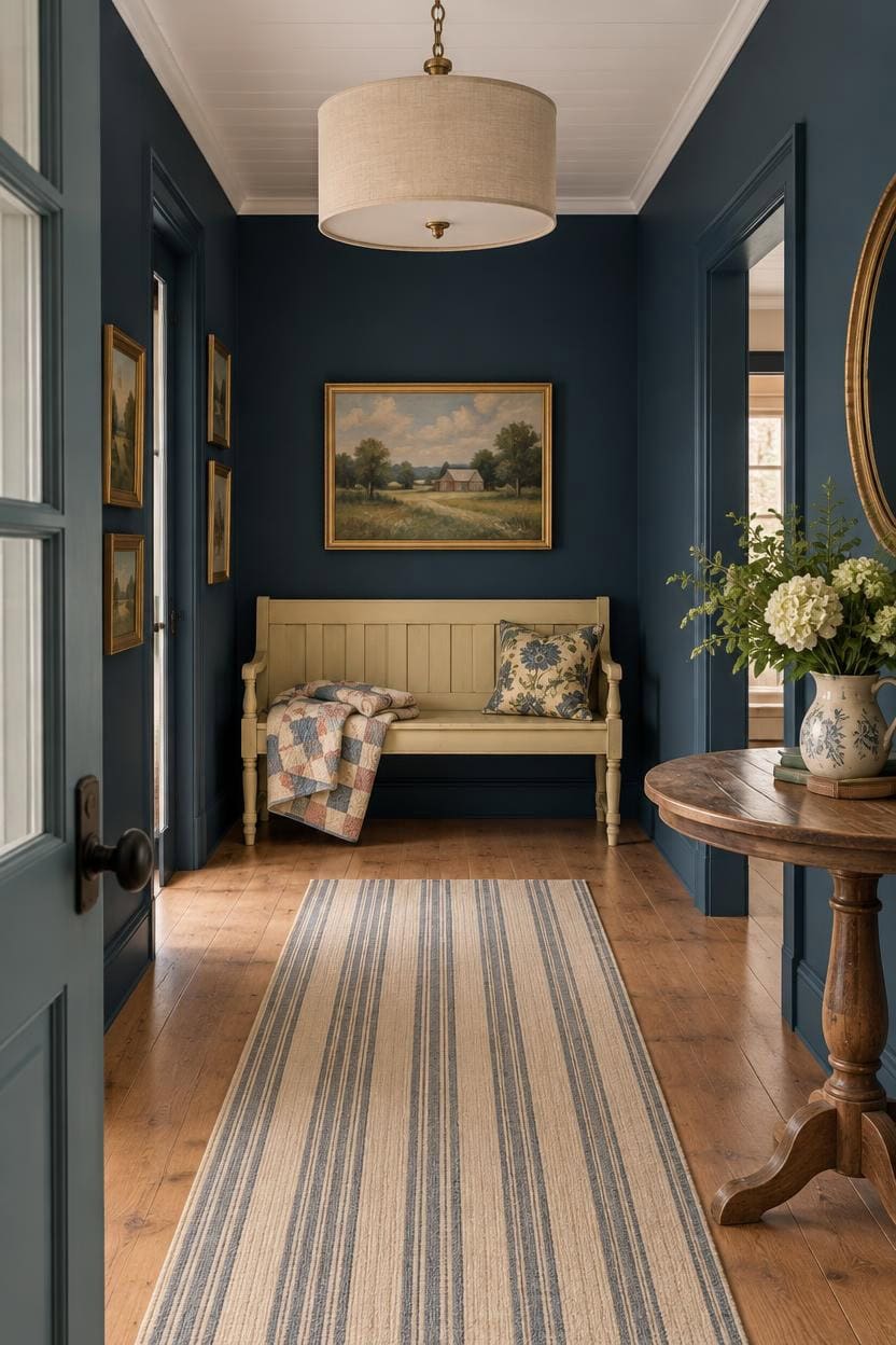 Cozy hallway with blue walls, wooden floor, and vintage furniture.