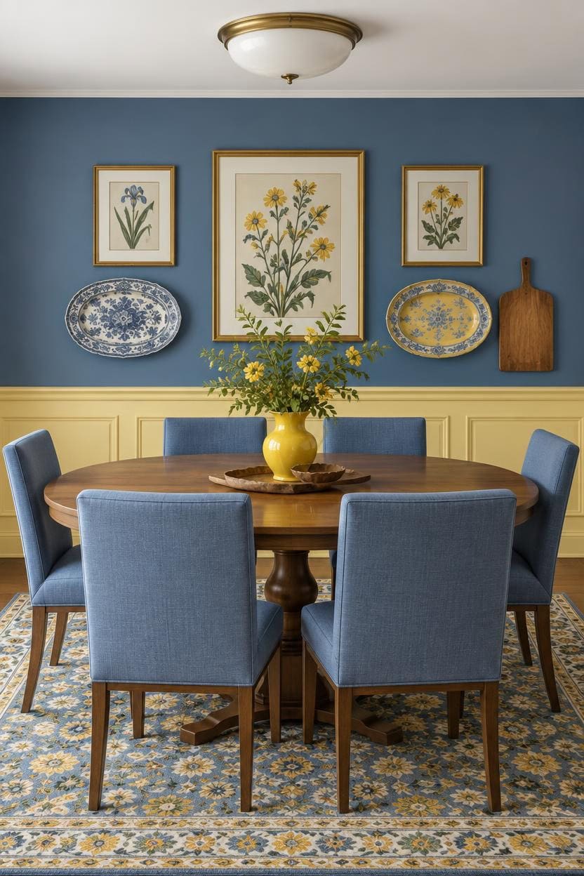Dining room with blue chairs, floral wall art, and a wooden table.