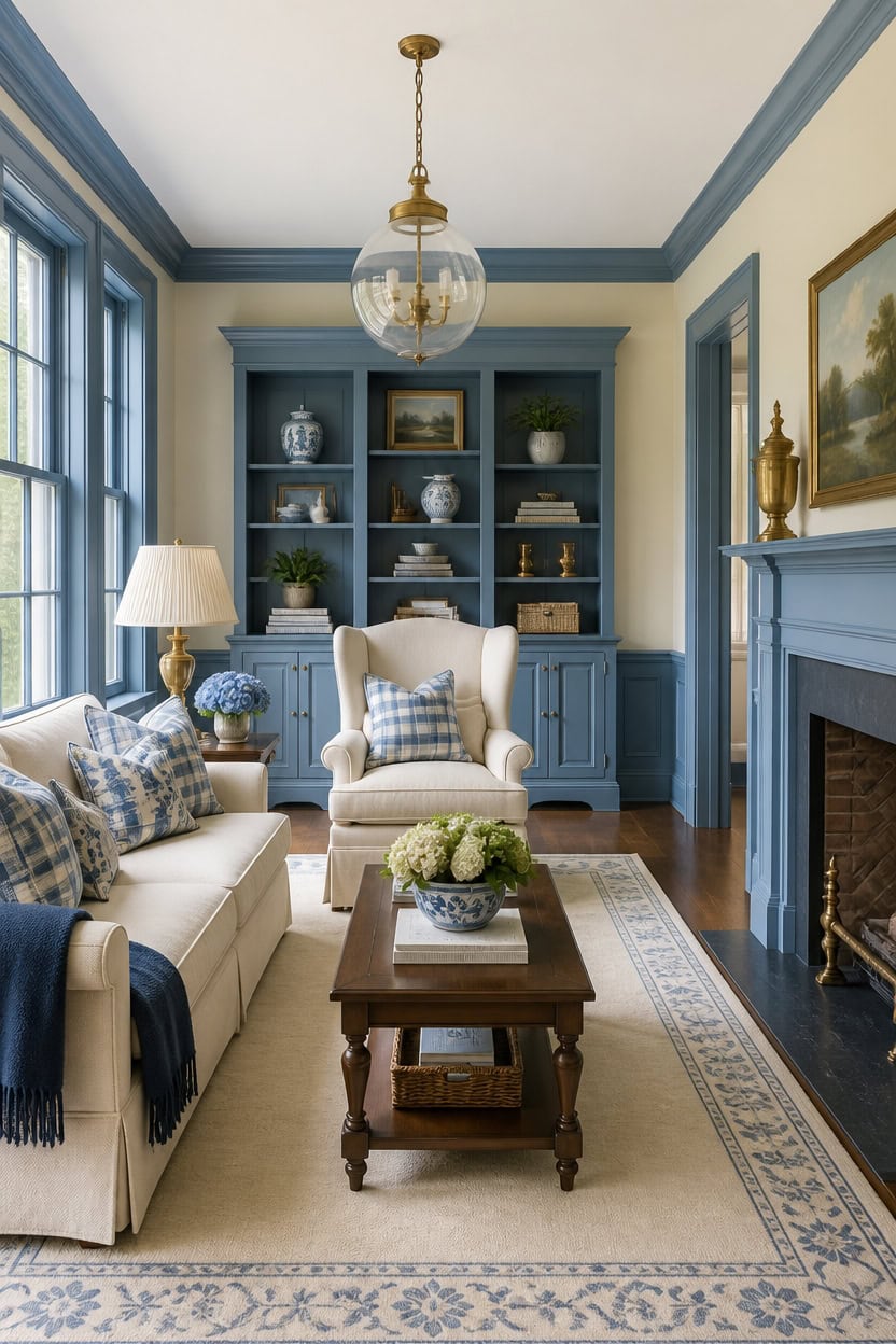 Stylish living room with blue built-in shelves, fireplace, and classic furniture.