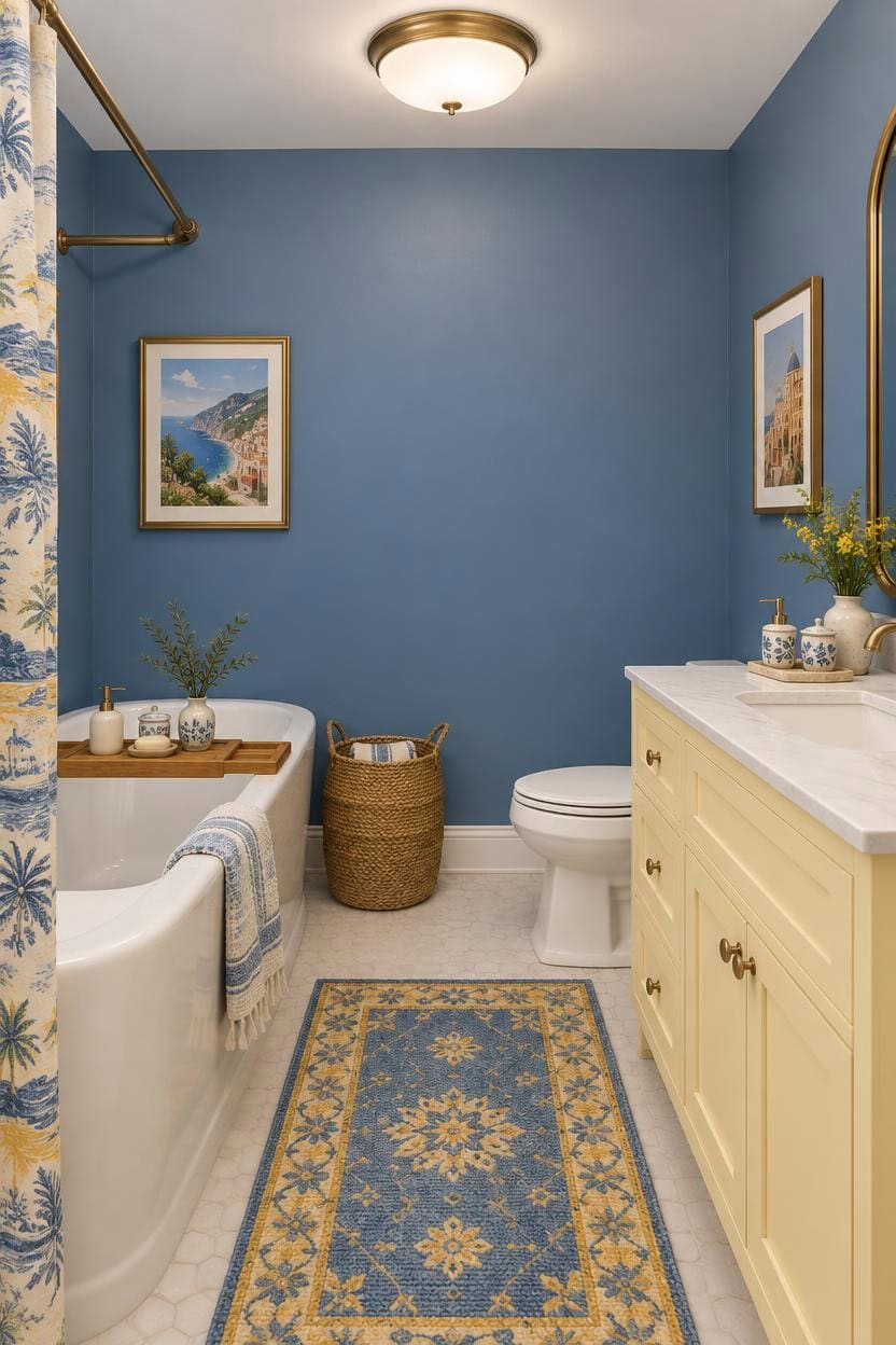 Bathroom with blue walls, vintage decor, bathtub, and yellow vanity for apartment living.