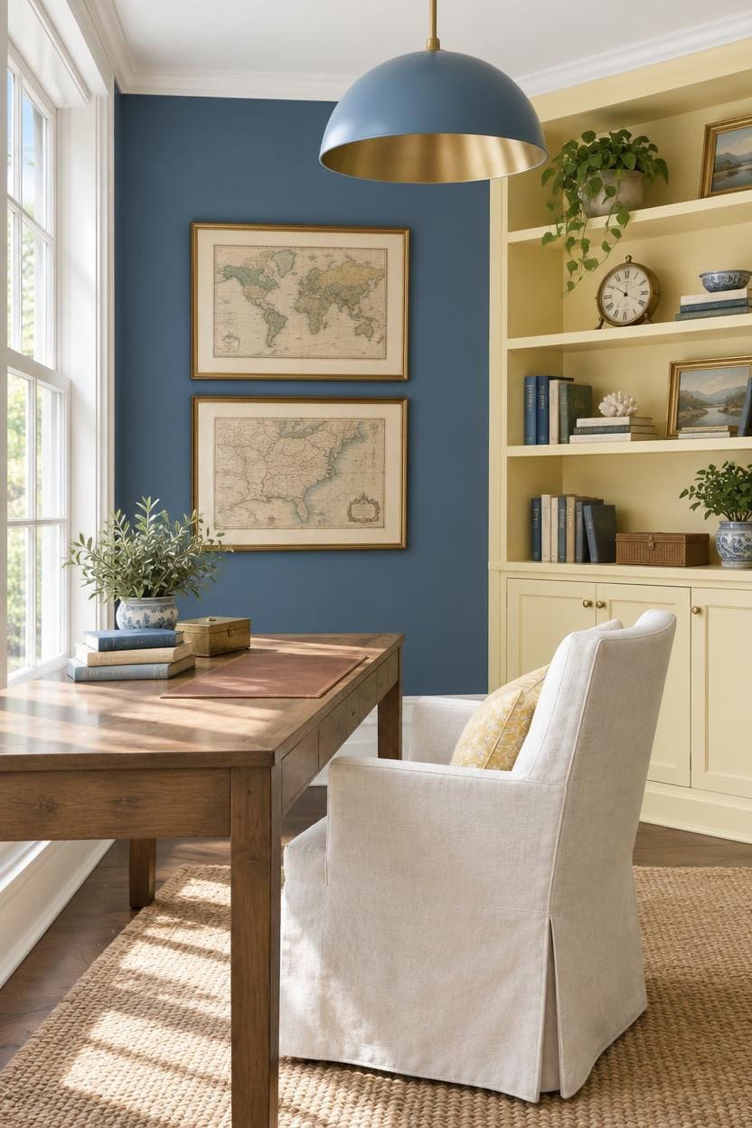 Comfortable home office with a wooden desk, white armchair, and blue accent wall.