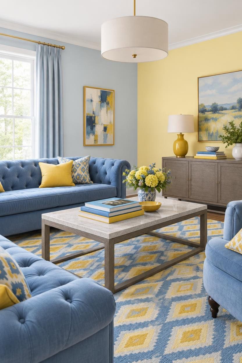 blue yellow layered rug vignette